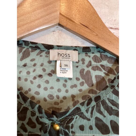 Hoss Intropia Top Womens 38 Medium Teal Green Animal Print Semi Sheer Ruffles - Picture 2 of 13